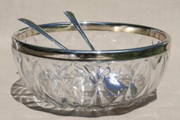 catalog photo of vintage crystal clear glass serving bowl w/ silver rim & silverplate salad servers