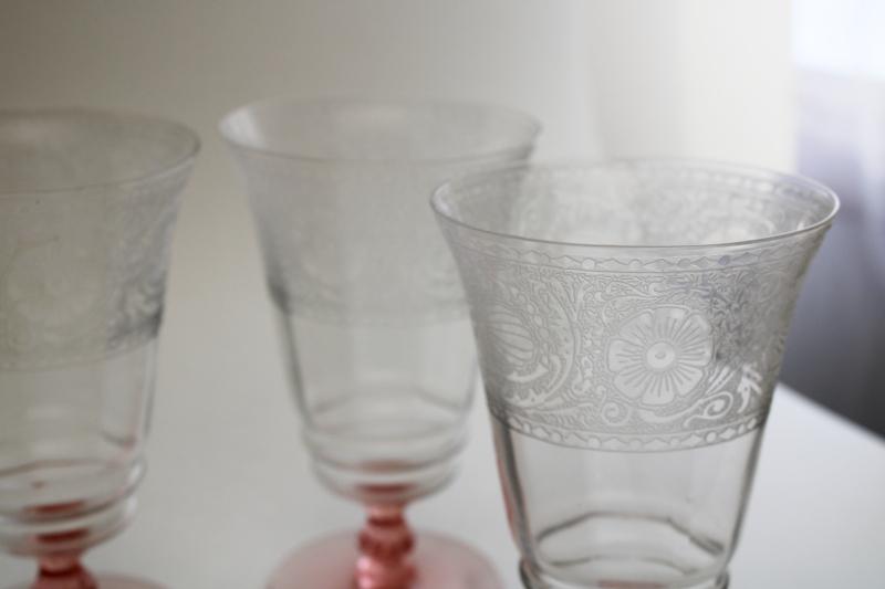 photo of vintage crystal clear / pink stem etched pattern optic footed tumblers iced tea glasses #2