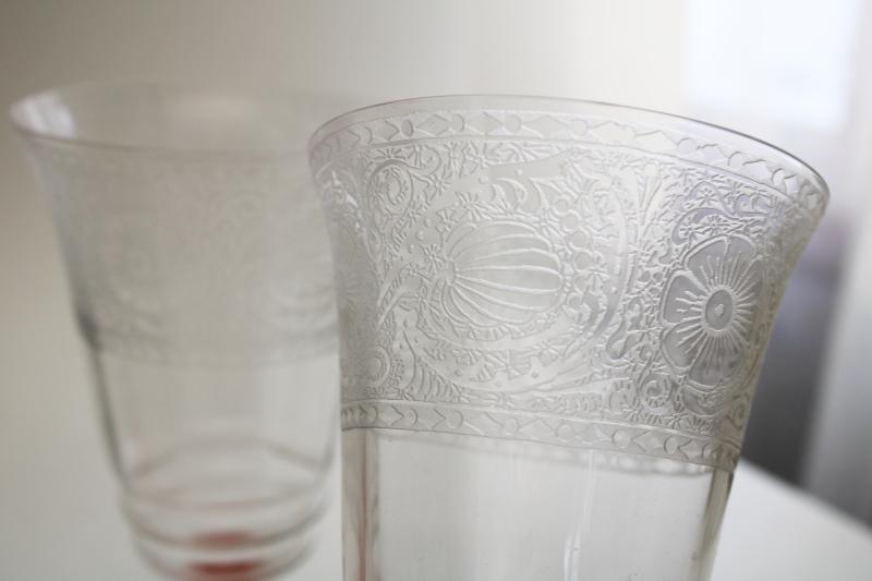 photo of vintage crystal clear / pink stem etched pattern optic footed tumblers iced tea glasses #3