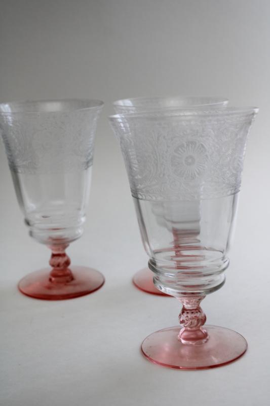 photo of vintage crystal clear / pink stem etched pattern optic footed tumblers iced tea glasses #4