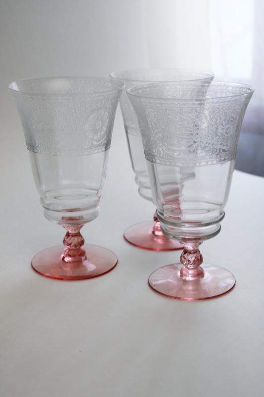 photo of vintage crystal clear / pink stem etched pattern optic footed tumblers iced tea glasses #7