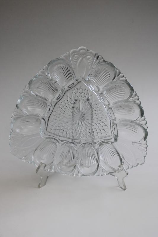 photo of vintage crystal clear pressed glass egg plate, triangle shape tray for deviled eggs #1