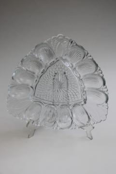 catalog photo of vintage crystal clear pressed glass egg plate, triangle shape tray for deviled eggs
