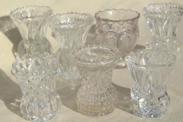 photo of vintage crystal clear pressed glass mini vases, match & toothpick holders #1