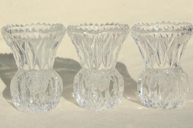 photo of vintage crystal clear pressed glass mini vases, match & toothpick holders #2