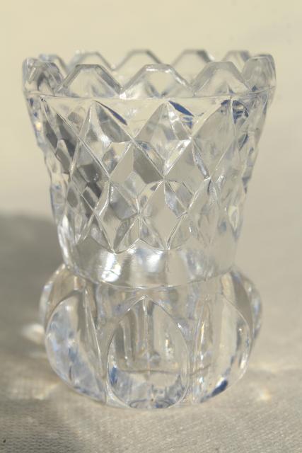 photo of vintage crystal clear pressed glass mini vases, match & toothpick holders #6