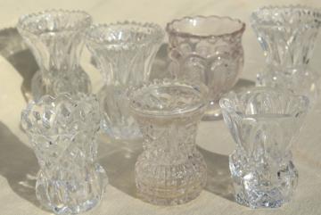 catalog photo of vintage crystal clear pressed glass mini vases, match & toothpick holders
