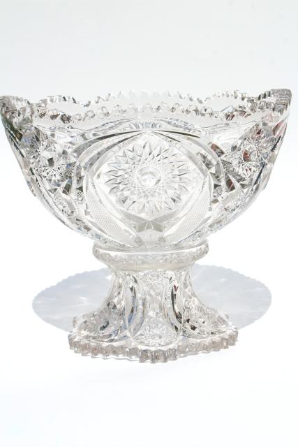 photo of vintage crystal clear pressed glass punch bowl and stand, whirling star pattern #1