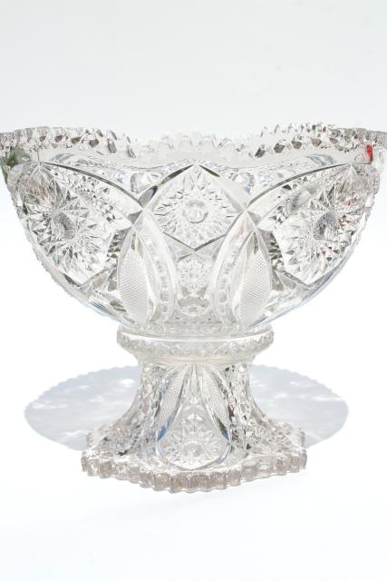 photo of vintage crystal clear pressed glass punch bowl and stand, whirling star pattern #5