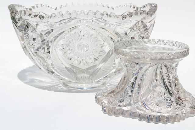 photo of vintage crystal clear pressed glass punch bowl and stand, whirling star pattern #6