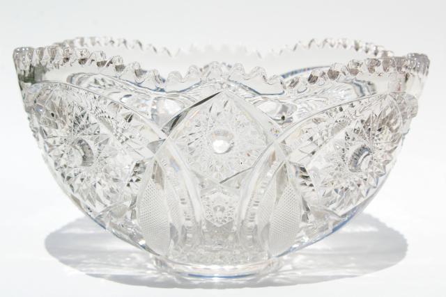 photo of vintage crystal clear pressed glass punch bowl and stand, whirling star pattern #8