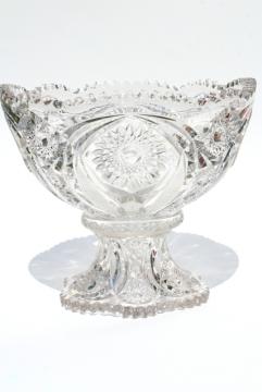 catalog photo of vintage crystal clear pressed glass punch bowl and stand, whirling star pattern