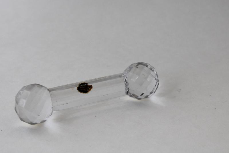 photo of vintage crystal glass knife rest, barbell shape, original Western Germany label #1