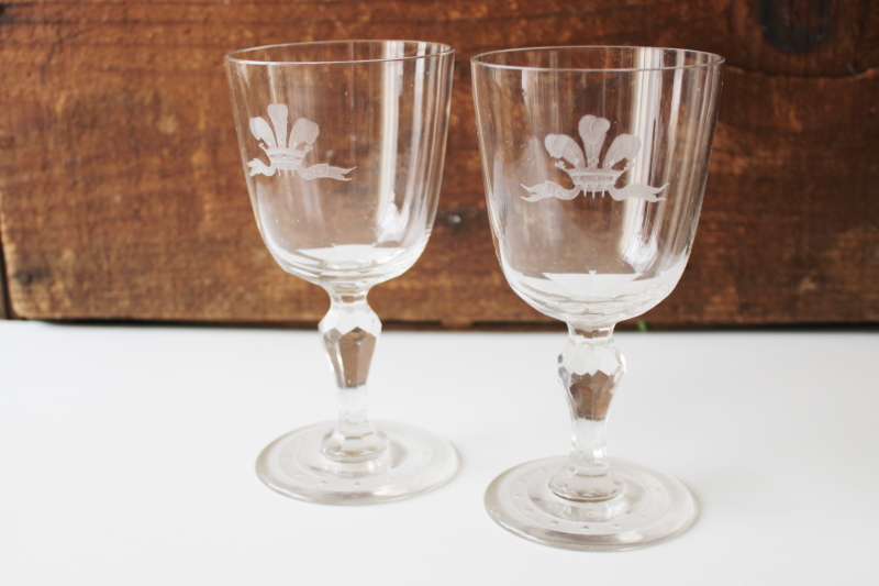 photo of vintage crystal goblets etched Prince of Wales crest investiture of Charles #1