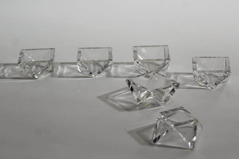 photo of vintage crystal salt dips, faceted gem square diamond shaped salt cellars or sauce dishes #4