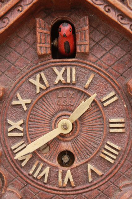 photo of vintage cuckoo clock Lux / Waterbury wind-up clock black forest fairy tale cottage #3