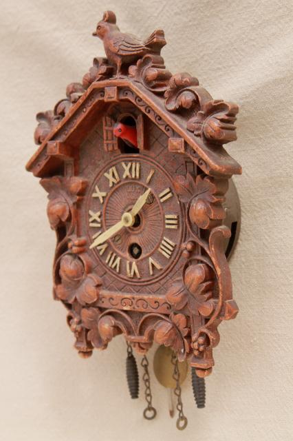 photo of vintage cuckoo clock Lux / Waterbury wind-up clock black forest fairy tale cottage #4