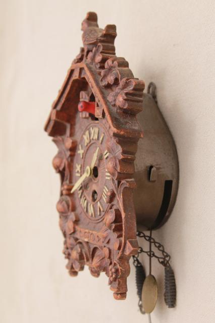 photo of vintage cuckoo clock Lux / Waterbury wind-up clock black forest fairy tale cottage #10