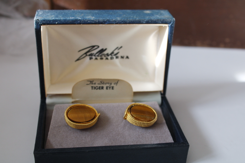 photo of vintage cuff links in leather case, Destino gold tone metal large tiger eye stones  #2