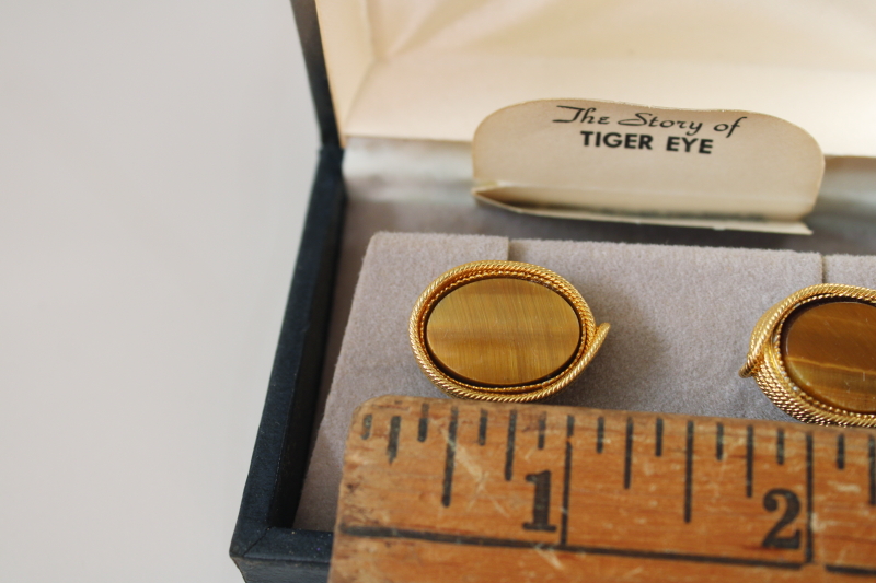 photo of vintage cuff links in leather case, Destino gold tone metal large tiger eye stones  #3