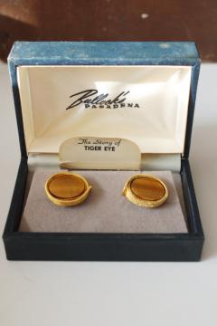 catalog photo of vintage cuff links in leather case, Destino gold tone metal large tiger eye stones 