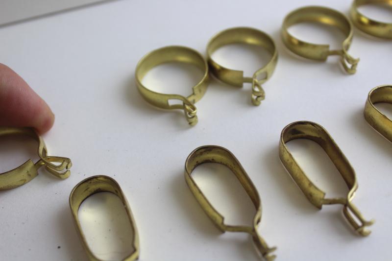 photo of vintage curtain rings, gold tone aluminum or brass oval & round ring clips for cafe curtain rods #4