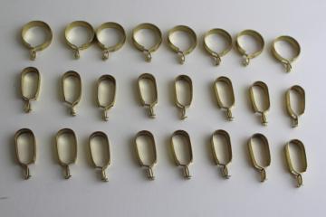 catalog photo of vintage curtain rings, gold tone aluminum or brass oval & round ring clips for cafe curtain rods