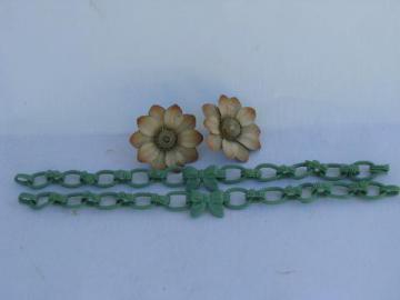 catalog photo of vintage curtain tie-backs - flower push-pins, jade green celluloid bow chains