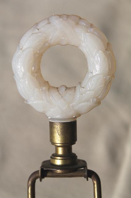 photo of vintage custard milk glass lamp, opalescent ivory Aladdin lamp w/ flower wreath finial #5