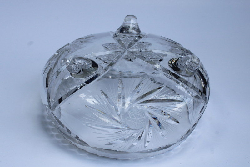 photo of vintage cut crystal bowl, pinwheel star three toed candy dish, Bohemian crystal? #4