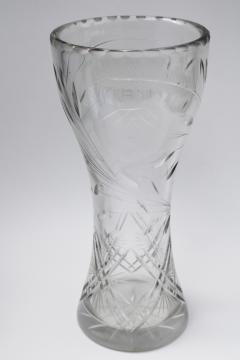 vintage cut crystal vase, antique corset shape rose cut heavy glass