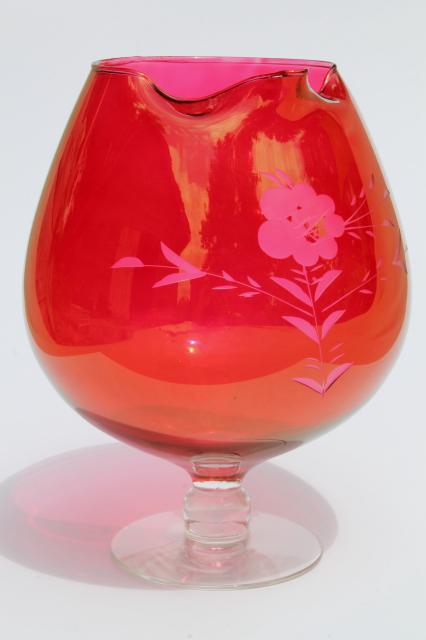 photo of vintage cut glass cocktail pitcher, ruby flash stained color glass w/ clear foot #1