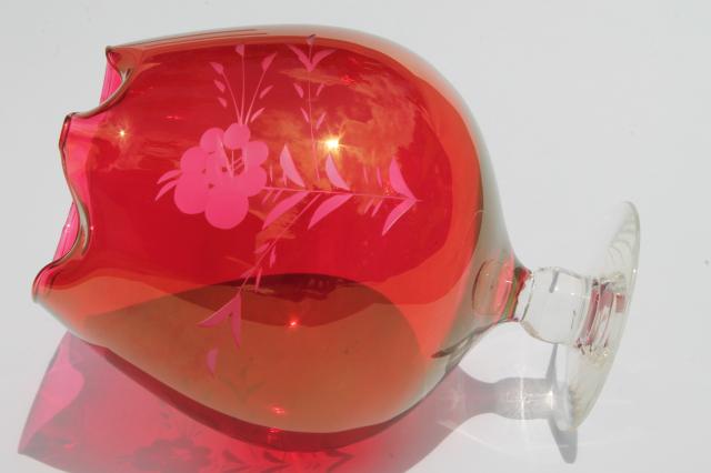 photo of vintage cut glass cocktail pitcher, ruby flash stained color glass w/ clear foot #5