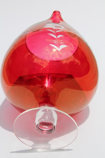 photo of vintage cut glass cocktail pitcher, ruby flash stained color glass w/ clear foot #6