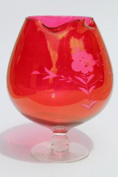 catalog photo of vintage cut glass cocktail pitcher, ruby flash stained color glass w/ clear foot