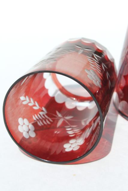 photo of vintage cut to clear dark ruby colored glass tumble up bedside carafe w/ tumbler #2