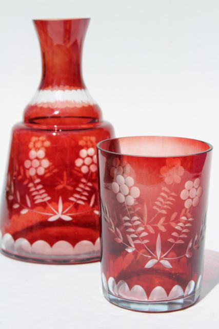 photo of vintage cut to clear dark ruby colored glass tumble up bedside carafe w/ tumbler #3