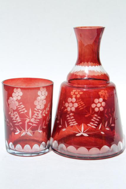 photo of vintage cut to clear dark ruby colored glass tumble up bedside carafe w/ tumbler #4