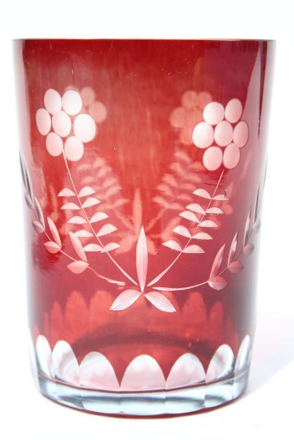 photo of vintage cut to clear dark ruby colored glass tumble up bedside carafe w/ tumbler #5