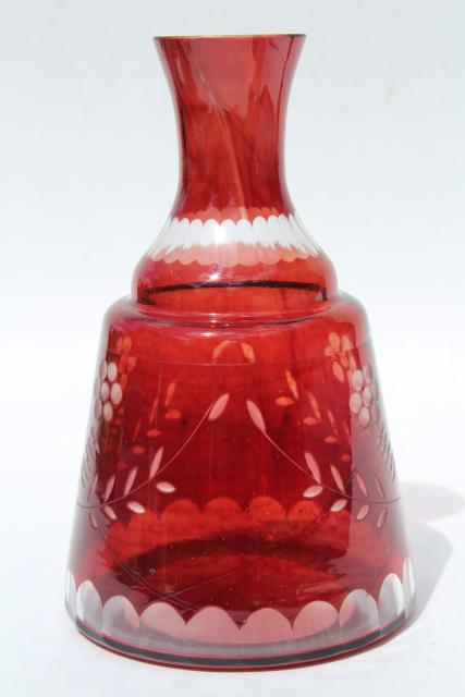 photo of vintage cut to clear dark ruby colored glass tumble up bedside carafe w/ tumbler #8