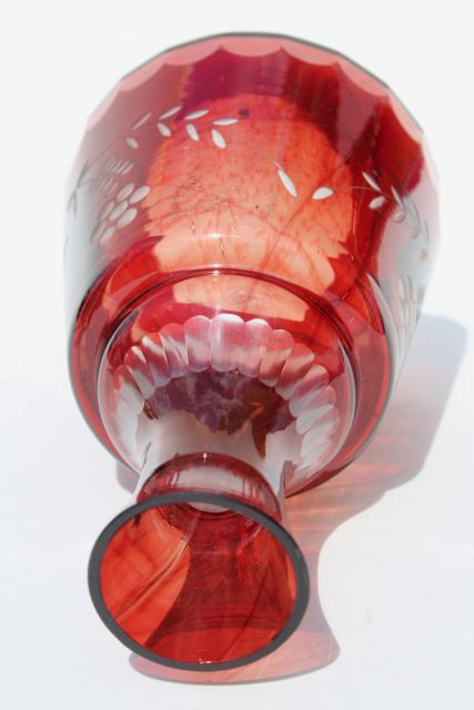 photo of vintage cut to clear dark ruby colored glass tumble up bedside carafe w/ tumbler #9