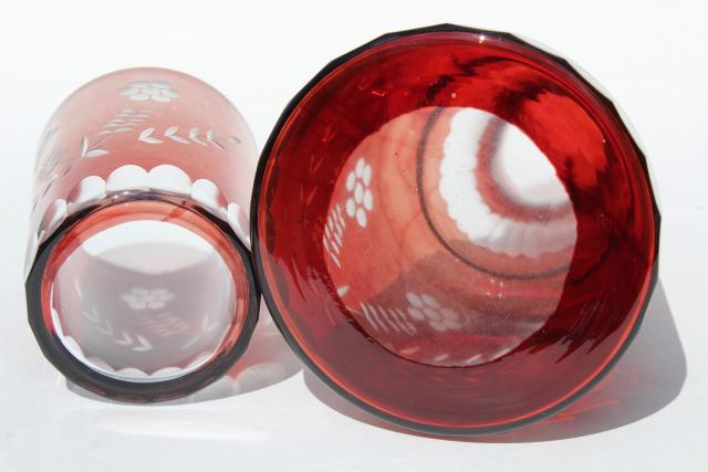 photo of vintage cut to clear dark ruby colored glass tumble up bedside carafe w/ tumbler #10
