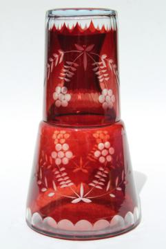 catalog photo of vintage cut to clear dark ruby colored glass tumble up bedside carafe w/ tumbler