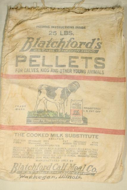 photo of vintage dairy calf feed bag, Waukegan Illinois farmhouse primitive cow graphics #1