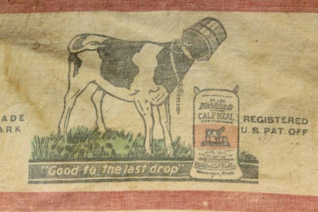 photo of vintage dairy calf feed bag, Waukegan Illinois farmhouse primitive cow graphics #3