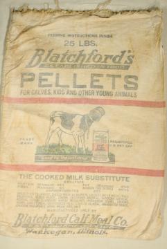 catalog photo of vintage dairy calf feed bag, Waukegan Illinois farmhouse primitive cow graphics