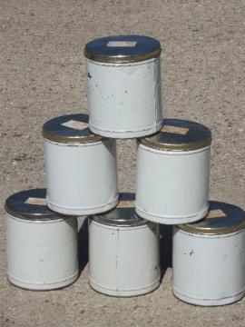 catalog photo of vintage dairy ice cream bucket lot, 6 primitive tin canisters w/ lids