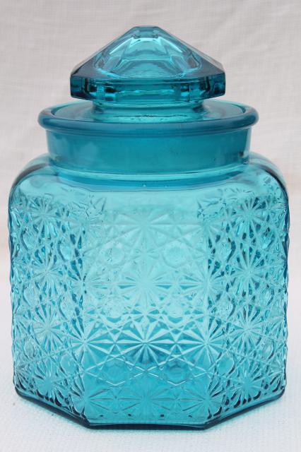 photo of vintage daisy and button glass canister jar w/ lid, aqua blue glass #1