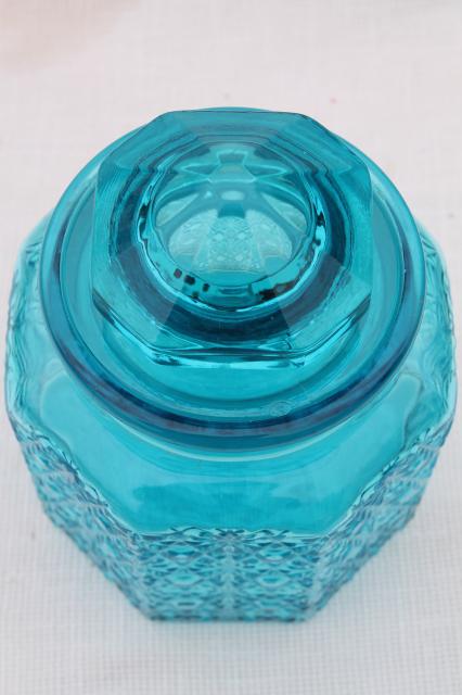 photo of vintage daisy and button glass canister jar w/ lid, aqua blue glass #5