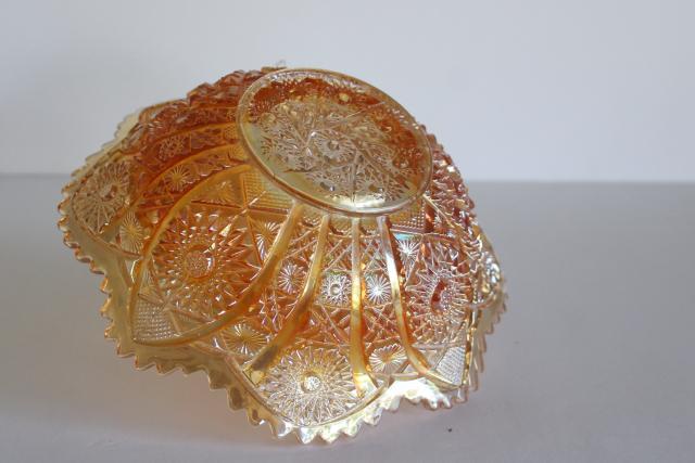 photo of vintage daisy and button pattern glass bowl, marigold orange luster carnival glass #4